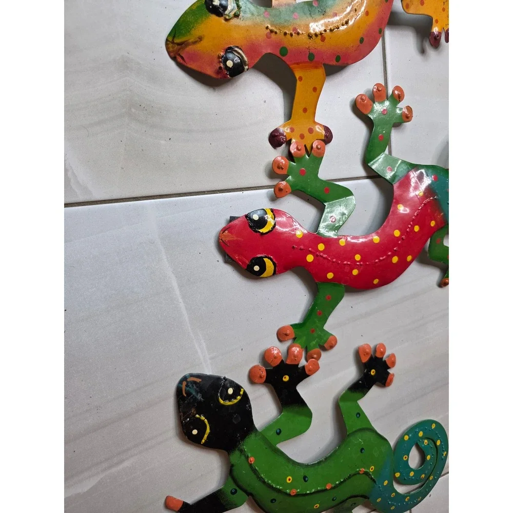 Set of 3 Colorful Metal Gecko Wall Art Hand Painted Lizard Garden Decor 13‎ Inch
